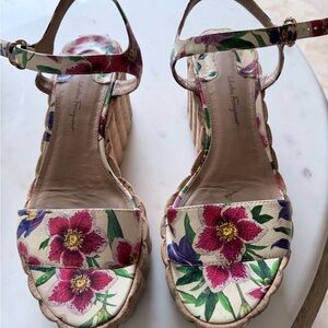 Salvatore Ferragamo Floral Cork Wedge Sandals - 10B